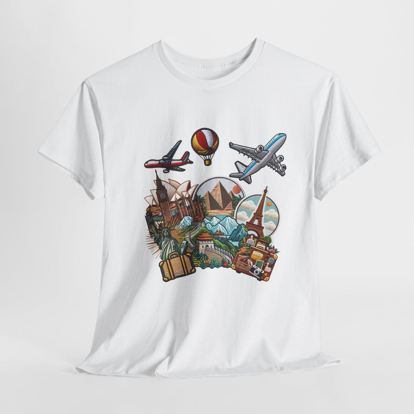 Unisex t-shirt featuring detailed embroidery patches and a travel-inspired graphic that evokes wanderlust. Perfect for adventurers and free-spirited nomads, this tee celebrates the thrill of travel and the art of exploration.