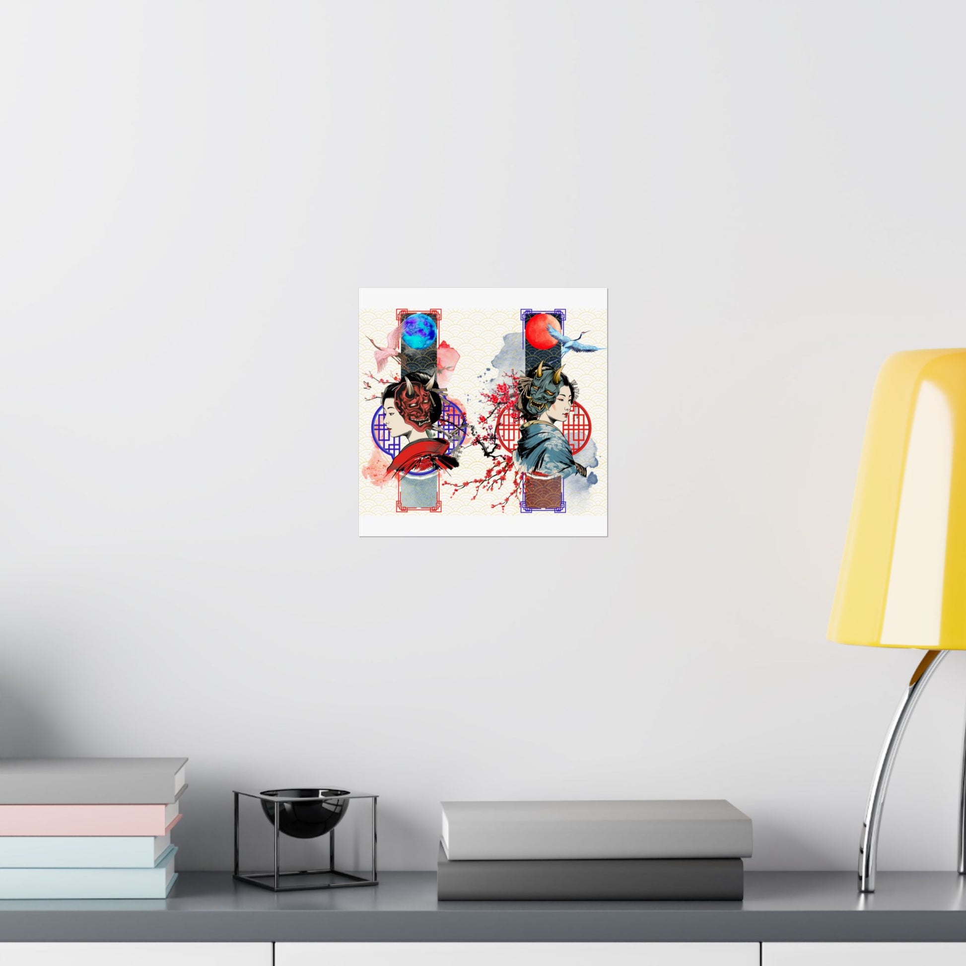 Japanese Geisha & Oni Mask Canvas featuring a stunning blend of traditional and modern aesthetics. This elegant artwork showcases a geisha, crane birds, and Oni masks, symbolizing duality and balance. Perfect for meditation rooms, offices, and contemporary interiors, printed on archival-quality materials for lasting beauty.