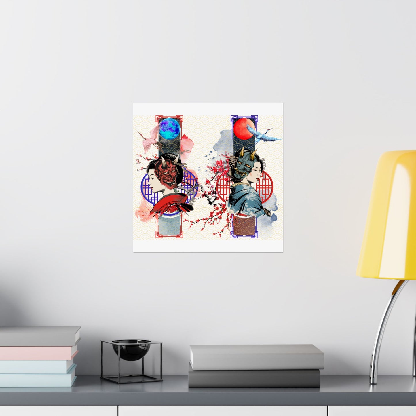 Japanese Geisha & Oni Mask Canvas featuring a stunning blend of traditional and modern aesthetics. This elegant artwork showcases a geisha, crane birds, and Oni masks, symbolizing duality and balance. Perfect for meditation rooms, offices, and contemporary interiors, printed on archival-quality materials for lasting beauty.