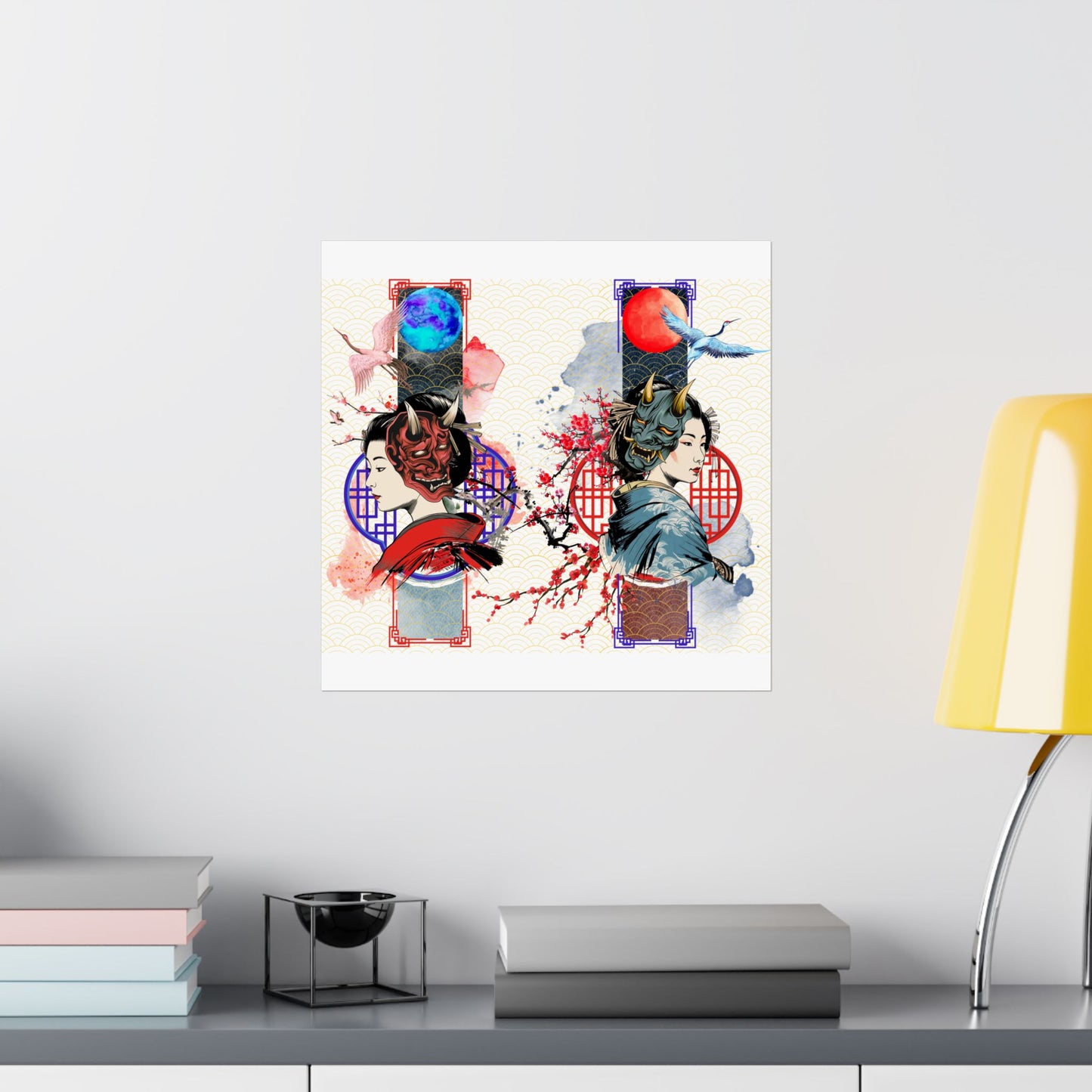 Japanese Geisha & Oni Mask Canvas featuring a stunning blend of traditional and modern aesthetics. This elegant artwork showcases a geisha, crane birds, and Oni masks, symbolizing duality and balance. Perfect for meditation rooms, offices, and contemporary interiors, printed on archival-quality materials for lasting beauty.