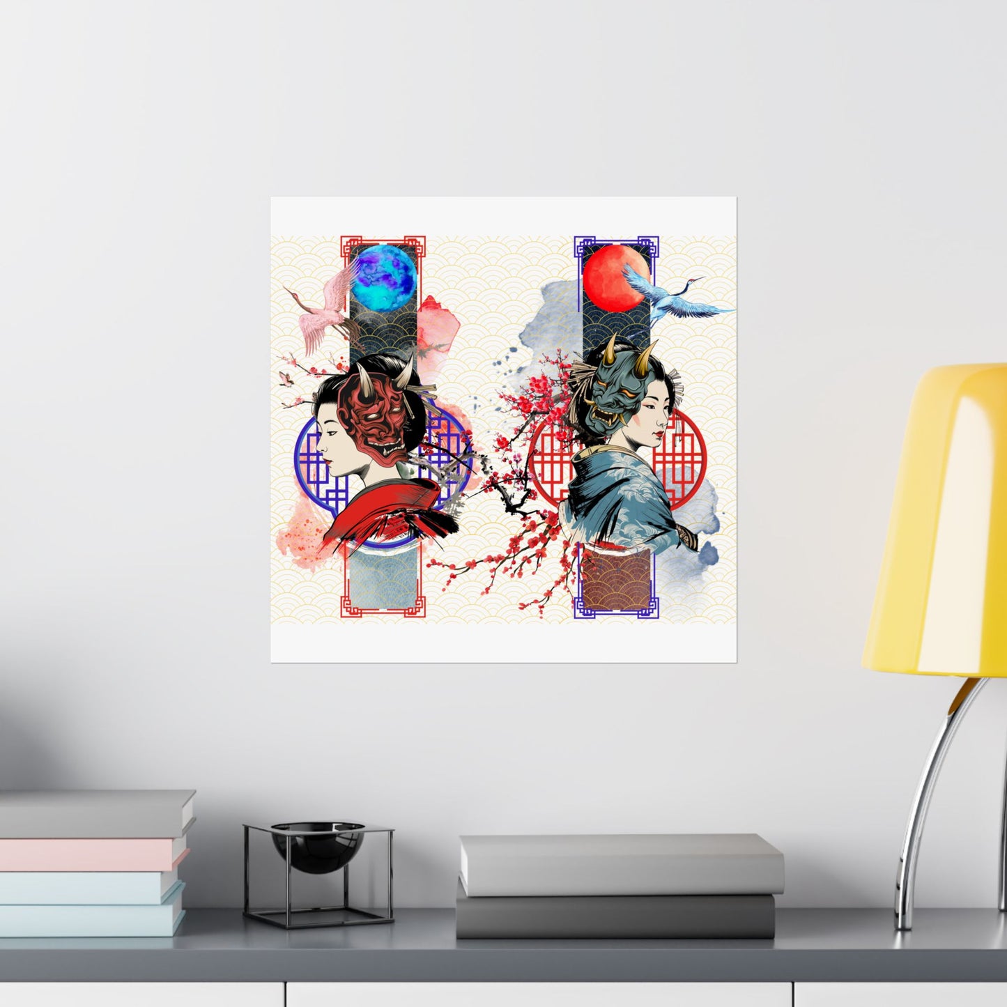 Japanese Geisha & Oni Mask Canvas featuring a stunning blend of traditional and modern aesthetics. This elegant artwork showcases a geisha, crane birds, and Oni masks, symbolizing duality and balance. Perfect for meditation rooms, offices, and contemporary interiors, printed on archival-quality materials for lasting beauty.