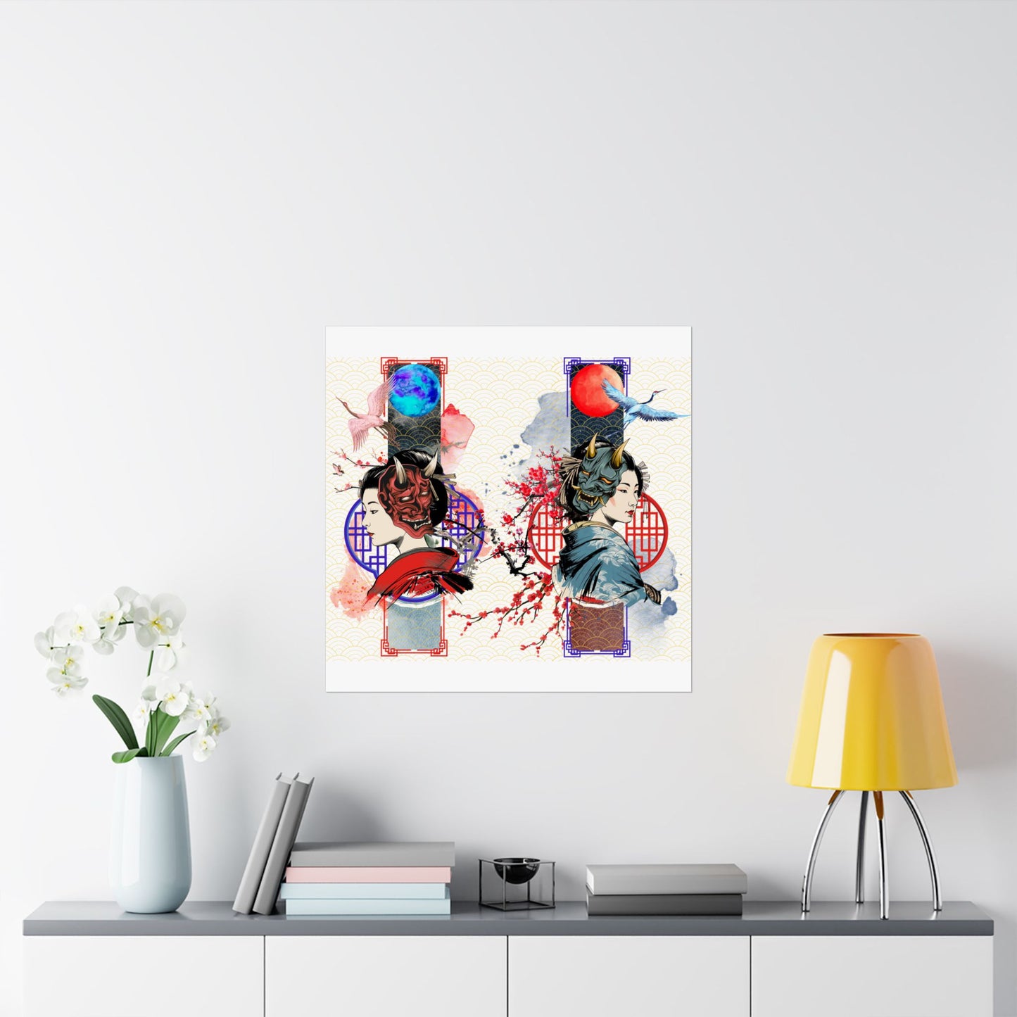 Japanese Geisha & Oni Mask Canvas featuring a stunning blend of traditional and modern aesthetics. This elegant artwork showcases a geisha, crane birds, and Oni masks, symbolizing duality and balance. Perfect for meditation rooms, offices, and contemporary interiors, printed on archival-quality materials for lasting beauty.