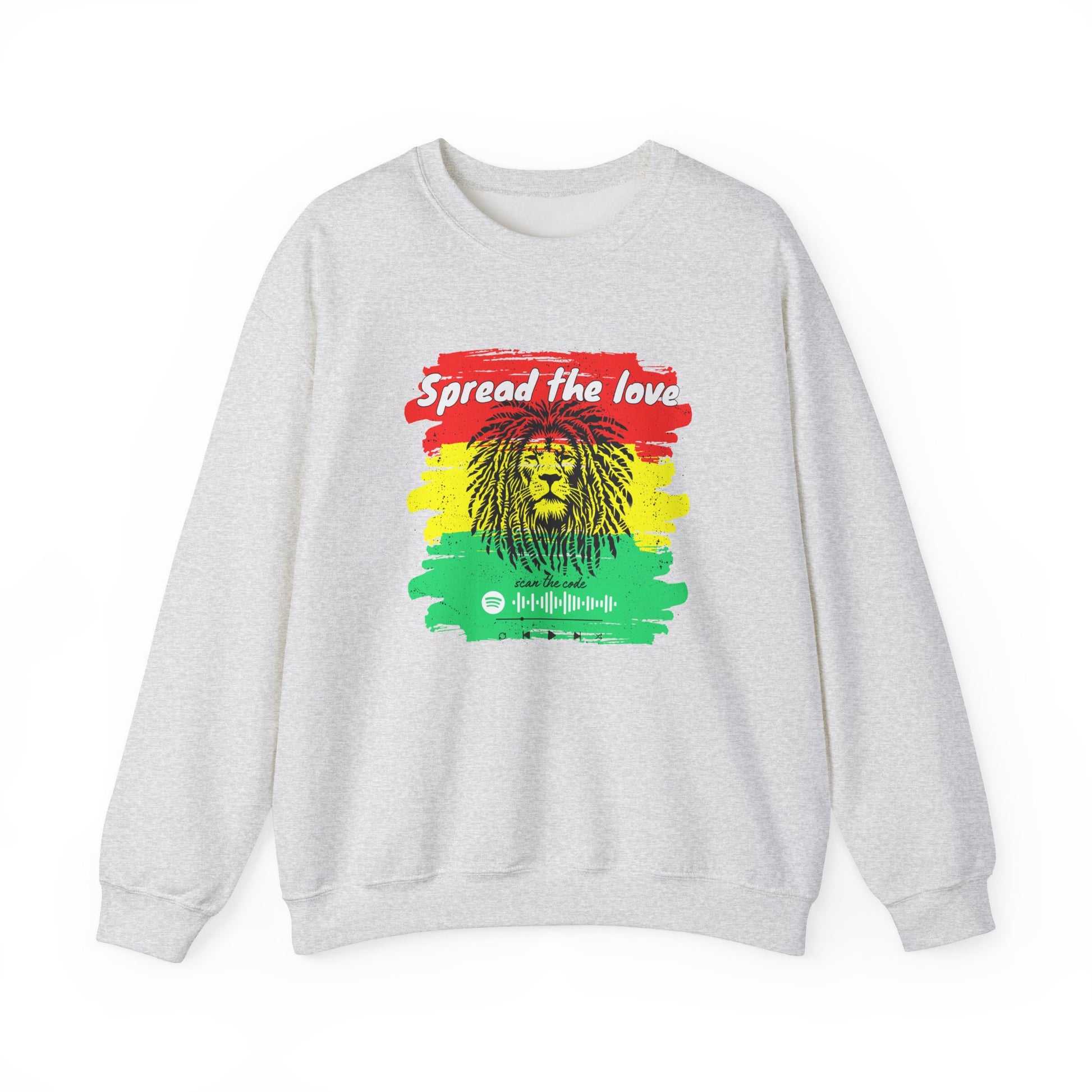 Rasta Reggae Lion Scannable Code Sweatshirt featuring an original design that embodies the spirit of one love and soulful reggae rhythms. This premium custom apparel celebrates Rastafarian culture and includes a scannable code linking to a curated playlist with reggae legends like Bob Marley. Perfect for adding positive energy and interactive style to your wardrobe.