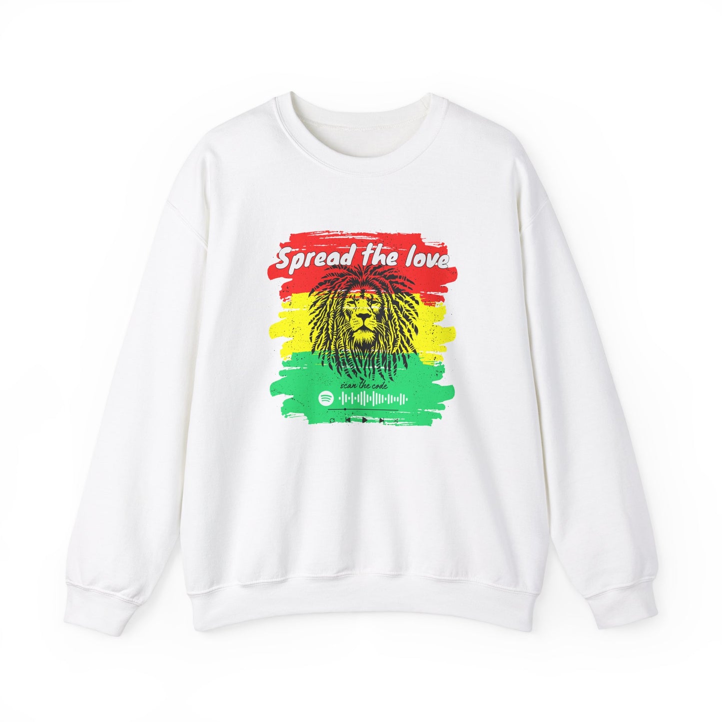 Rasta Reggae Lion Scannable Code Sweatshirt featuring an original design that embodies the spirit of one love and soulful reggae rhythms. This premium custom apparel celebrates Rastafarian culture and includes a scannable code linking to a curated playlist with reggae legends like Bob Marley. Perfect for adding positive energy and interactive style to your wardrobe.