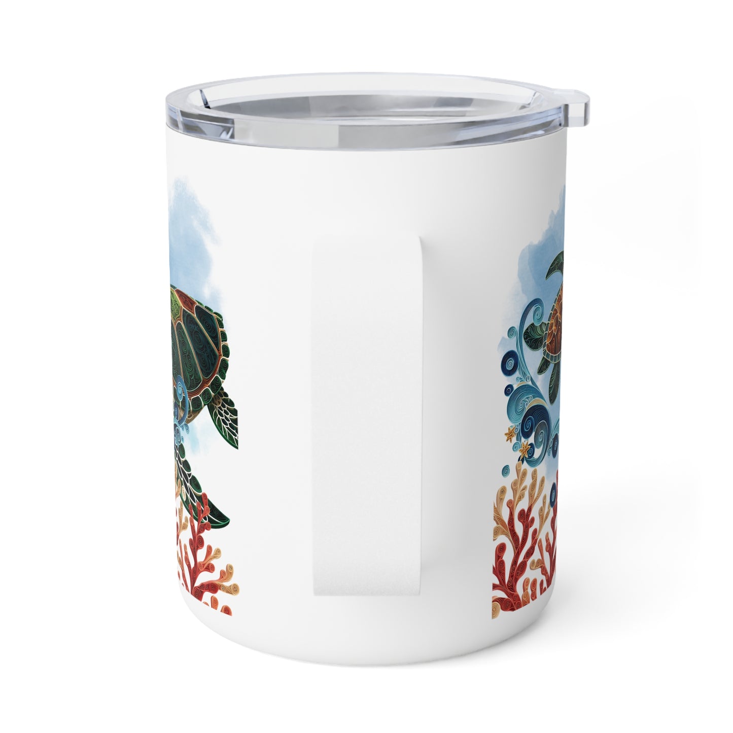 Insulated mug featuring a vibrant sea turtle design that radiates tropical, ocean-inspired energy. Perfect for coffee lovers, this custom mug adds a touch of tropical charm to every sip—ideal for coffee shops, cafes, and collectible stores.