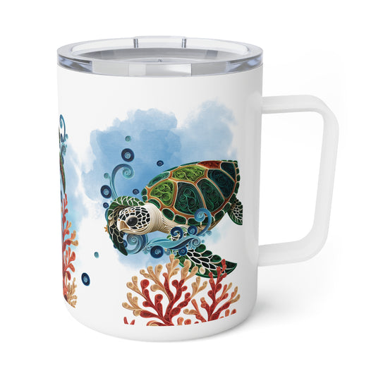 Insulated mug featuring a vibrant sea turtle design that radiates tropical, ocean-inspired energy. Perfect for coffee lovers, this custom mug adds a touch of tropical charm to every sip—ideal for coffee shops, cafes, and collectible stores.