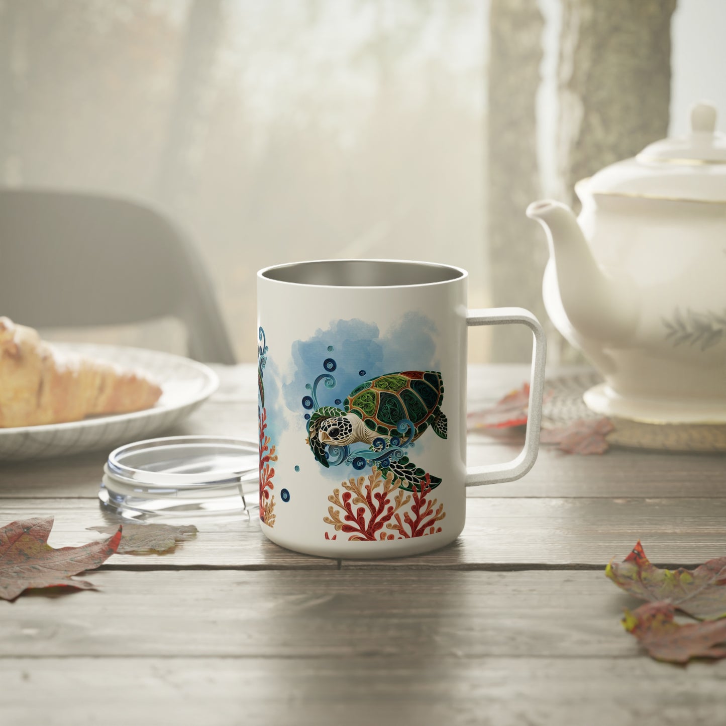 Insulated mug featuring a vibrant sea turtle design that radiates tropical, ocean-inspired energy. Perfect for coffee lovers, this custom mug adds a touch of tropical charm to every sip—ideal for coffee shops, cafes, and collectible stores.