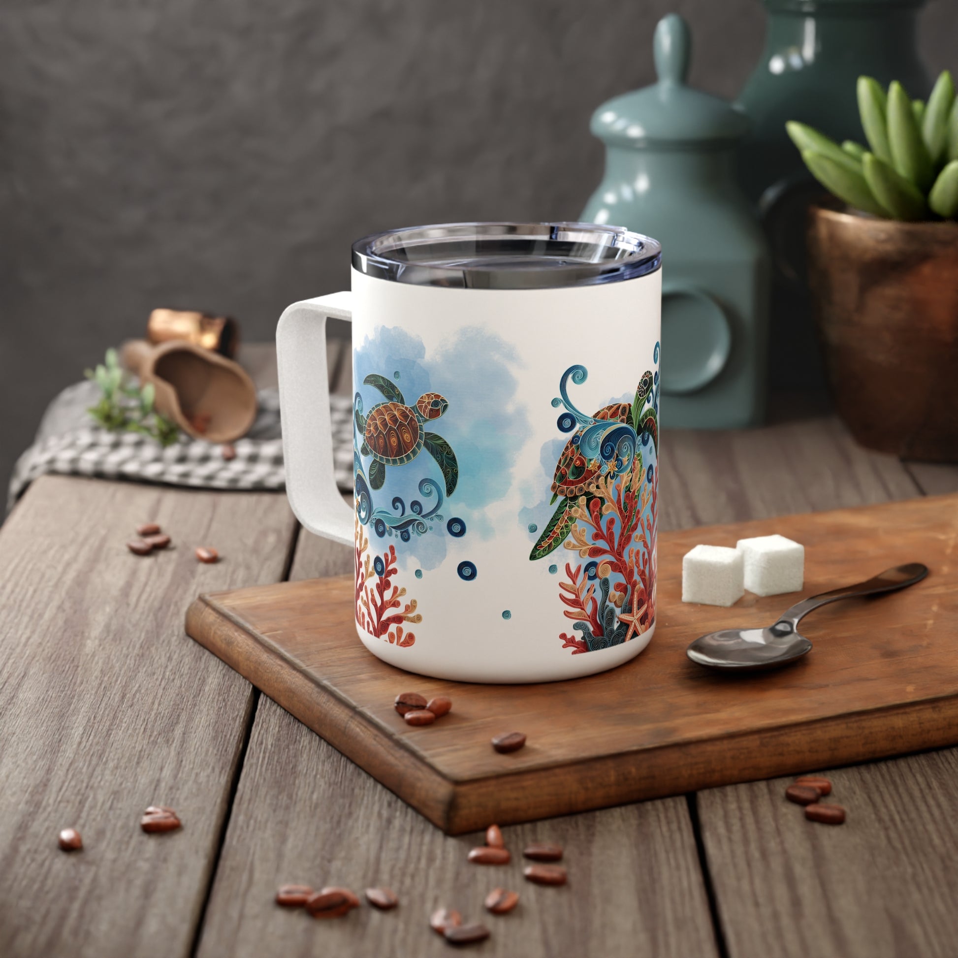 Insulated mug featuring a vibrant sea turtle design that radiates tropical, ocean-inspired energy. Perfect for coffee lovers, this custom mug adds a touch of tropical charm to every sip—ideal for coffee shops, cafes, and collectible stores.