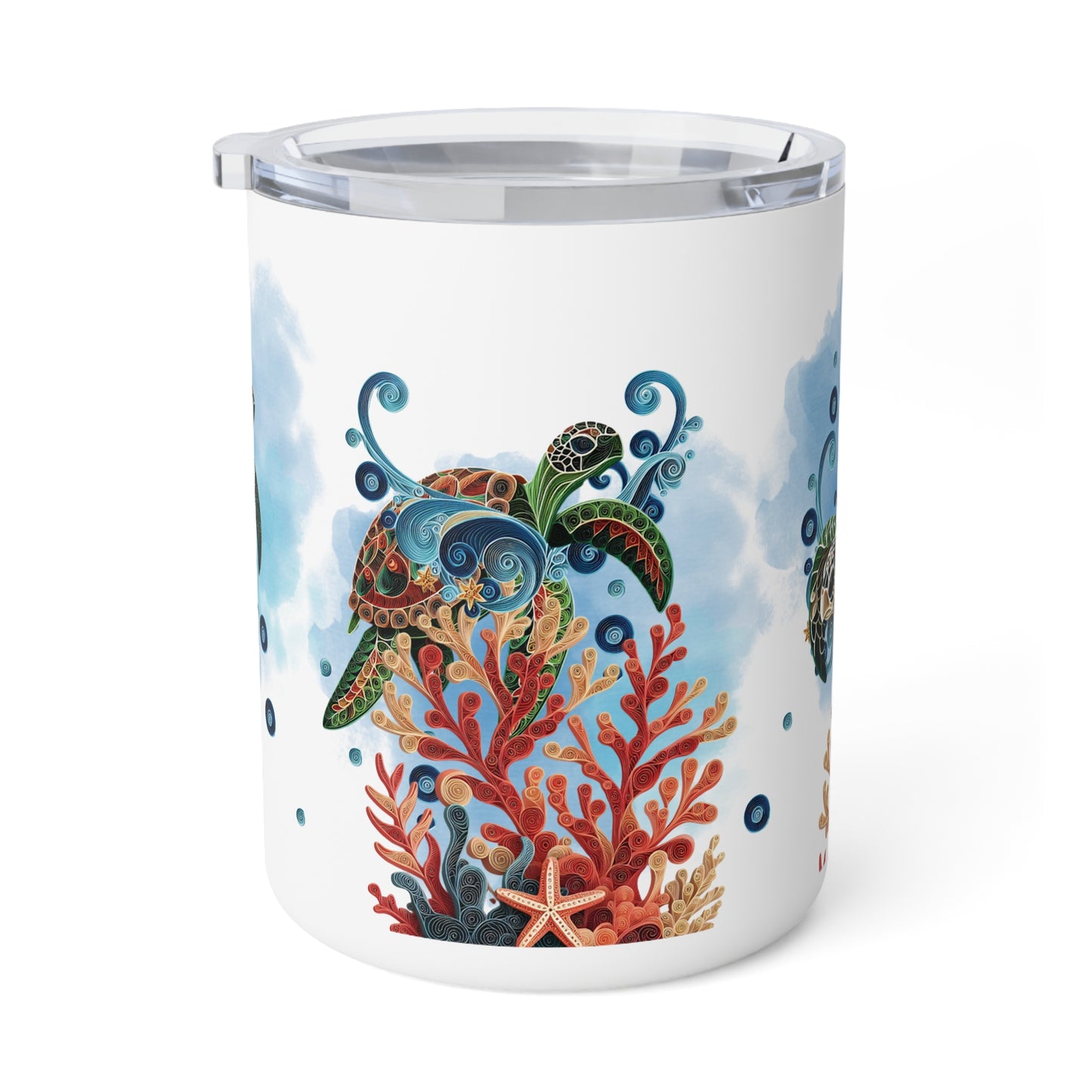 Insulated mug featuring a vibrant sea turtle design that radiates tropical, ocean-inspired energy. Perfect for coffee lovers, this custom mug adds a touch of tropical charm to every sip—ideal for coffee shops, cafes, and collectible stores.