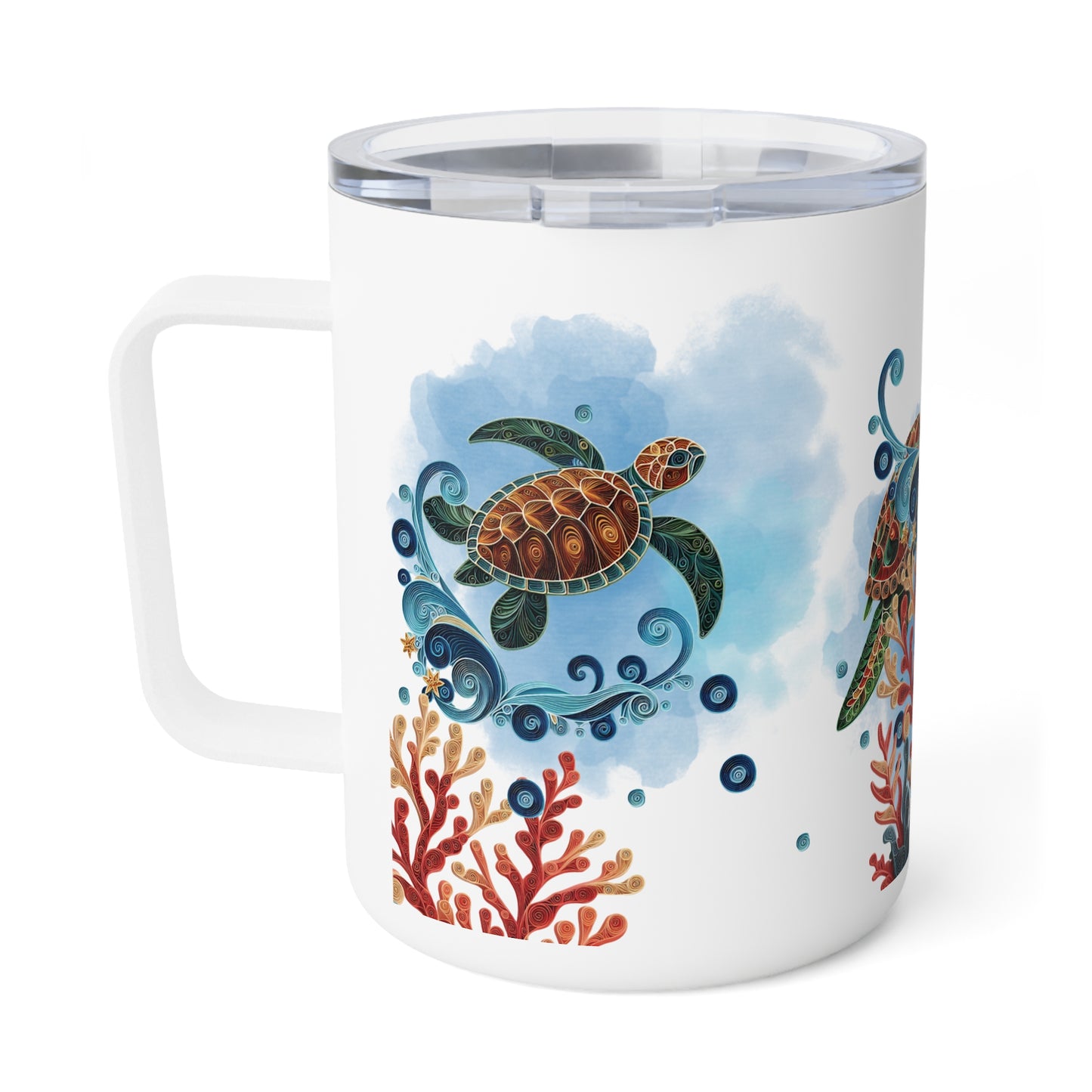 Insulated mug featuring a vibrant sea turtle design that radiates tropical, ocean-inspired energy. Perfect for coffee lovers, this custom mug adds a touch of tropical charm to every sip—ideal for coffee shops, cafes, and collectible stores.