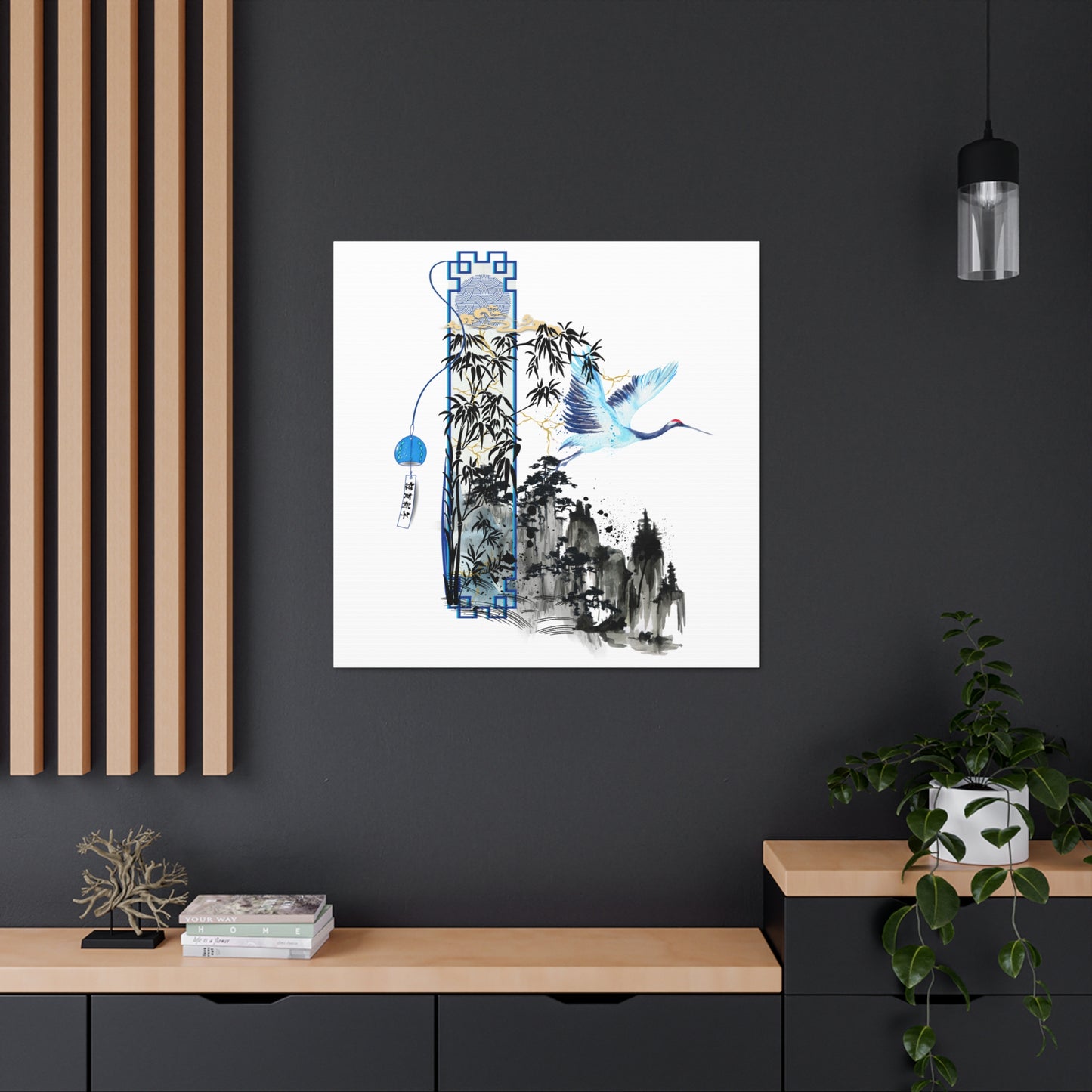 Serene Crane Canvas Gallery Wrap featuring a graceful crane in flight against misty Chinese ink mountains. This Asian-inspired artwork symbolizes luck and harmony, making it a perfect addition to yoga studios, spas, and boutique home decor. Lightweight and ready to hang, available in custom sizes.