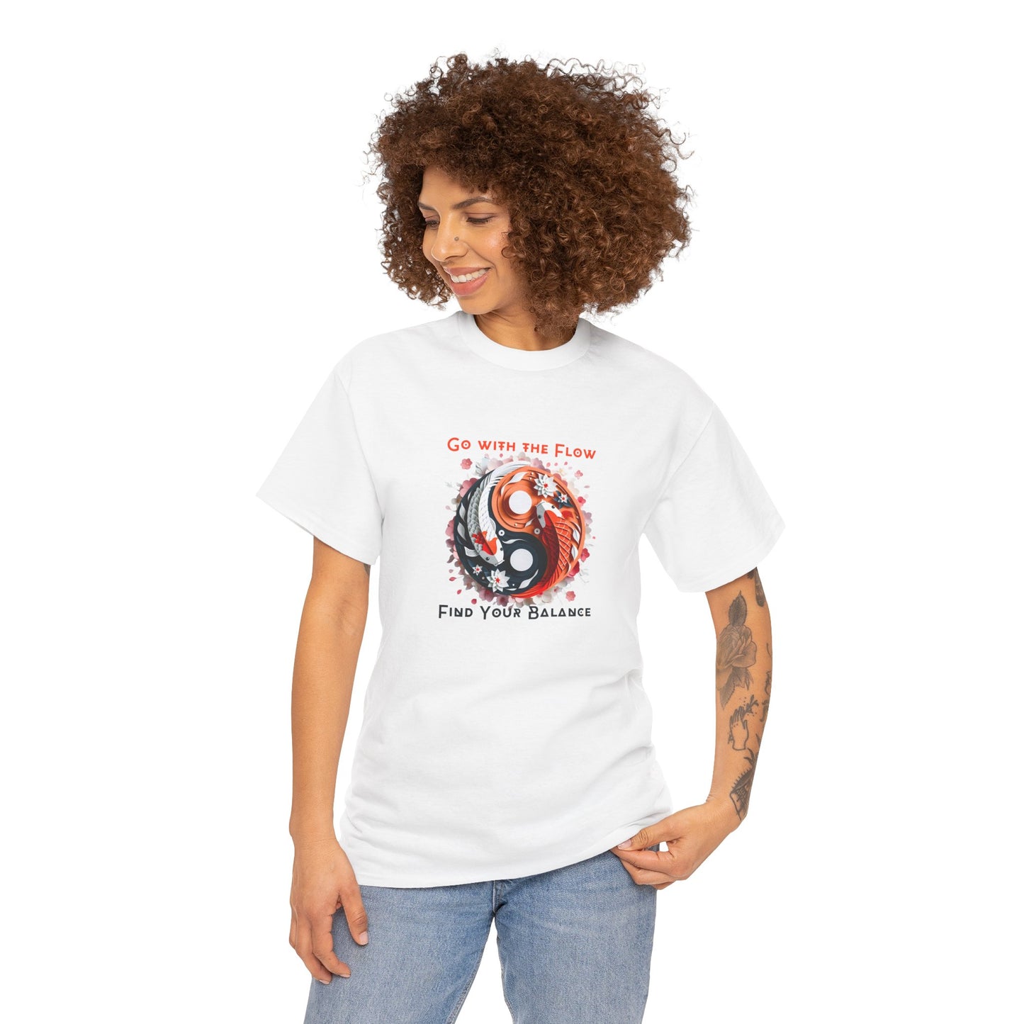 Unisex heavy cotton t-shirt featuring an original yin yang koi fish design inspired by Japanese culture and zen aesthetics. Perfect for mindfulness meditation and tranquil vibes, this tee showcases graceful koi motifs that embody balance and serenity.